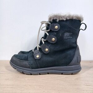 Sorel Boots Women 8.5 Black Leather Fur Trim Winter Lace Up Cozy Outdoor Winter